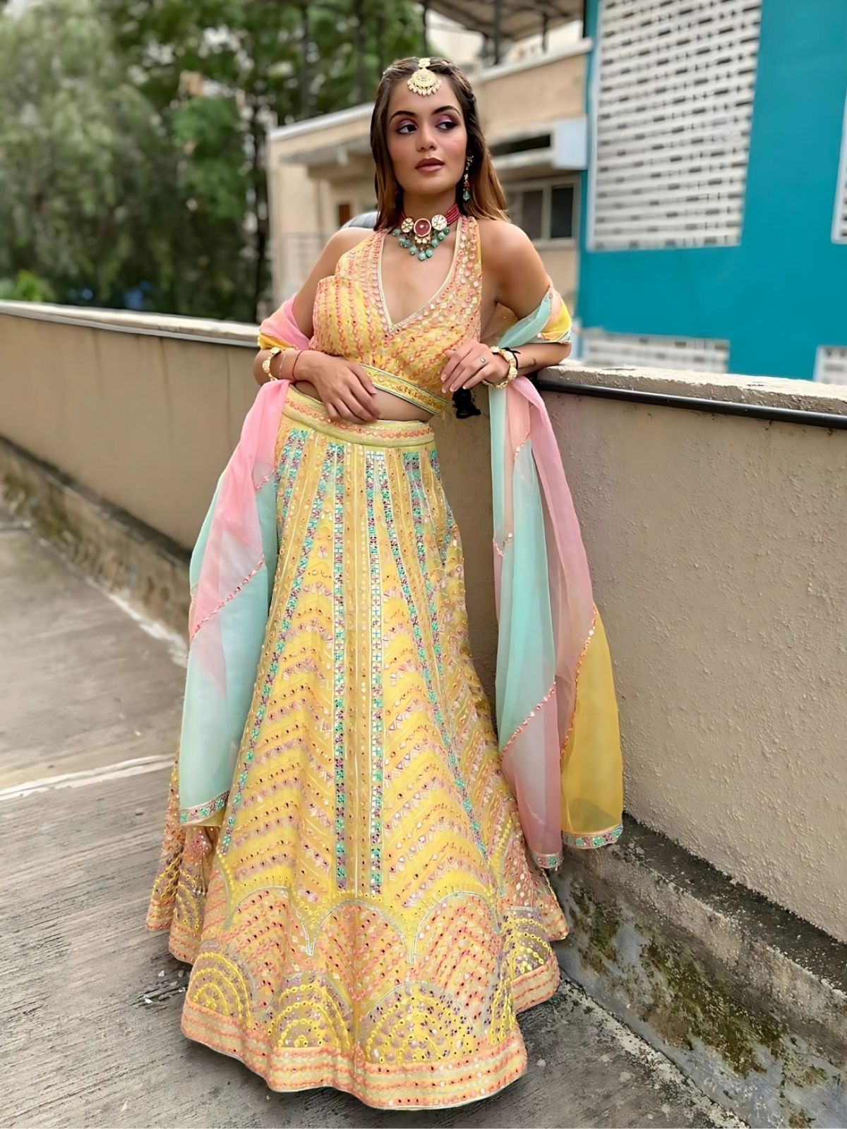 Odette Yellow Silk Blend Embroidered Semi-Stitched lehenga For Women