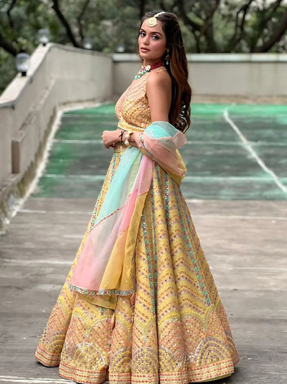Odette Yellow Silk Blend Embroidered Semi-Stitched lehenga For Women