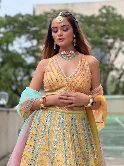 Odette Yellow Silk Blend Embroidered Semi-Stitched lehenga For Women