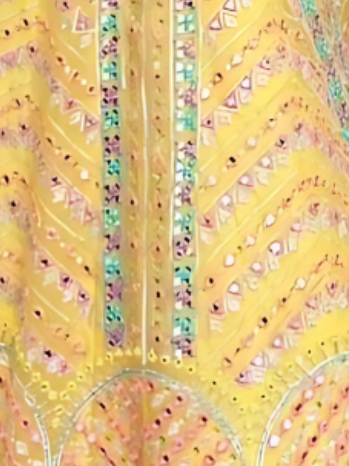 Odette Yellow Silk Blend Embroidered Semi-Stitched lehenga For Women