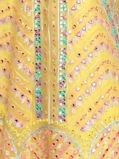 Odette Yellow Silk Blend Embroidered Semi-Stitched lehenga For Women