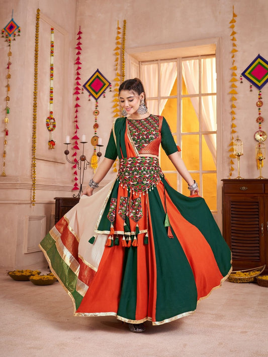 Odette Multicolor Cotton Blend Solid With Golden Border Semi-Stitched Lehenga For Women