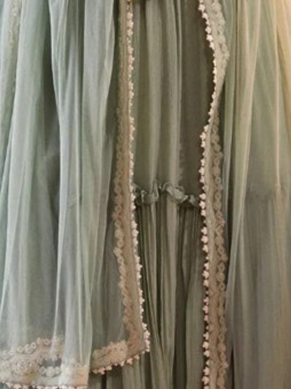 Odette Sea Green Georgette Solid Semi-Stitched Lehenga For Women