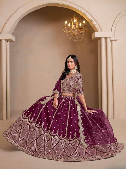 Odette Wine Art Silk Embroidered Semi-Stitched lehenga For Women