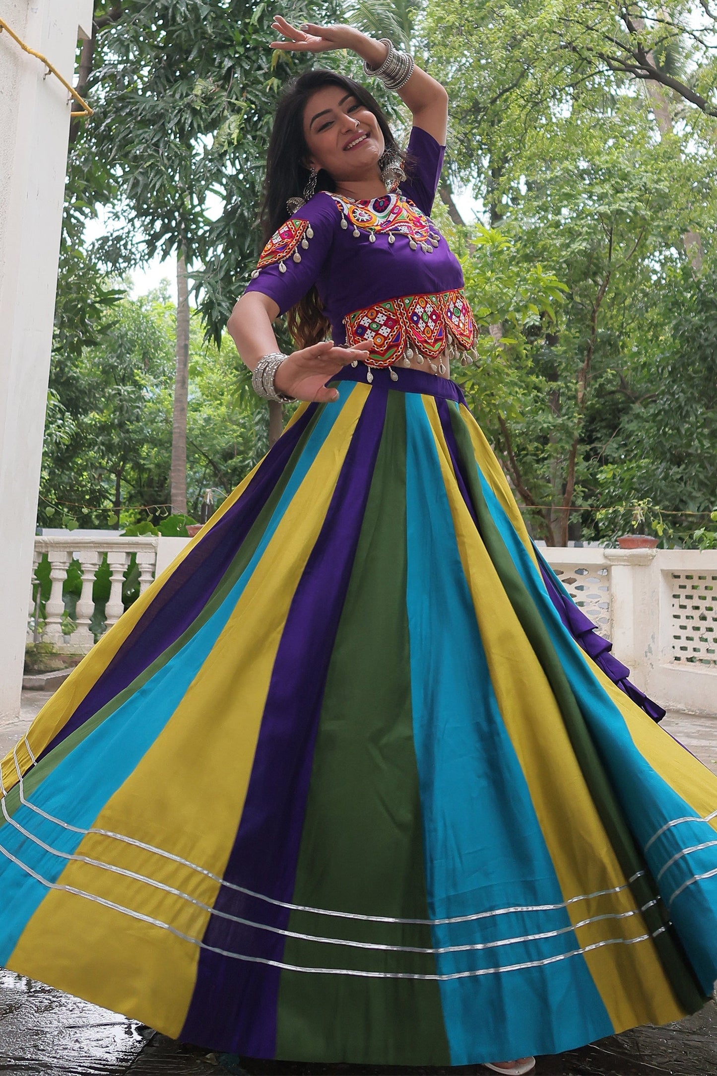 Multi Colored Georgette Plain Chaniya with Kachchi Work Choli
