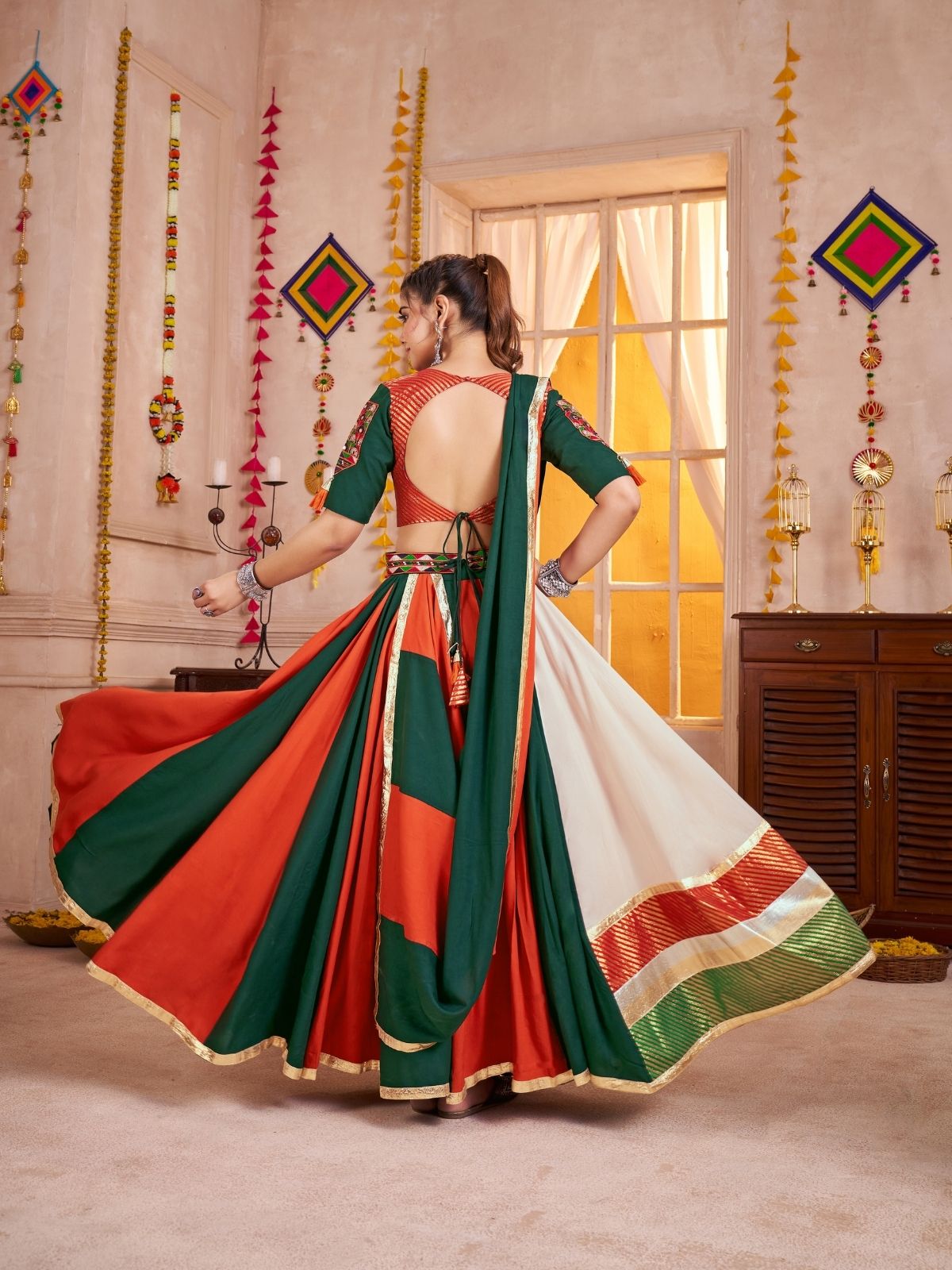 Odette Multicolor Cotton Blend Solid With Golden Border Semi-Stitched Lehenga For Women