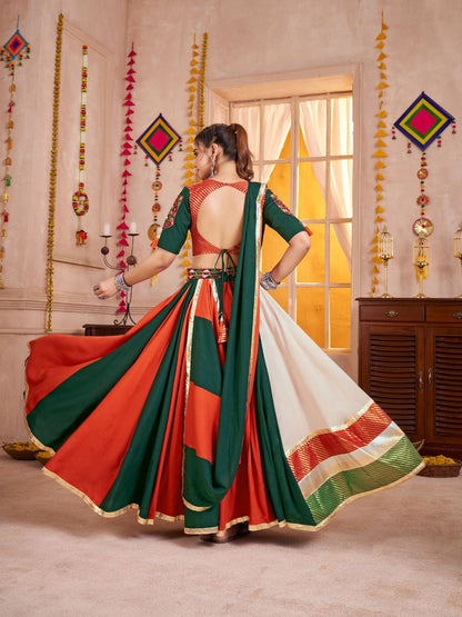 Odette Multicolor Cotton Blend Solid With Golden Border Semi-Stitched Lehenga For Women