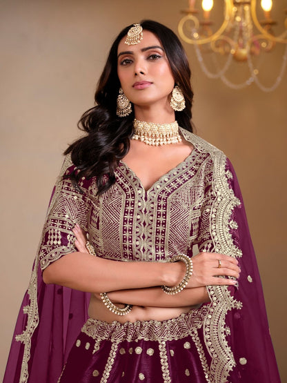 Odette Wine Art Silk Embroidered Semi-Stitched lehenga For Women