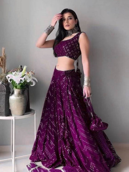 Odette Wine Georgette Embellished Semi-Stitched Lehenga For Women