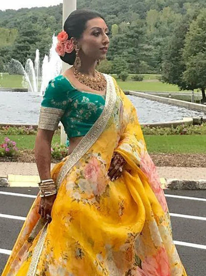 Odette Yellow Organza Printed Semi-Stitched lehenga For Women
