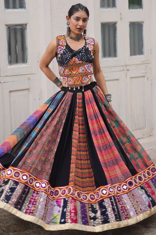 Multi Colored Georgette Kachchi Embroidered Chaniya Choli