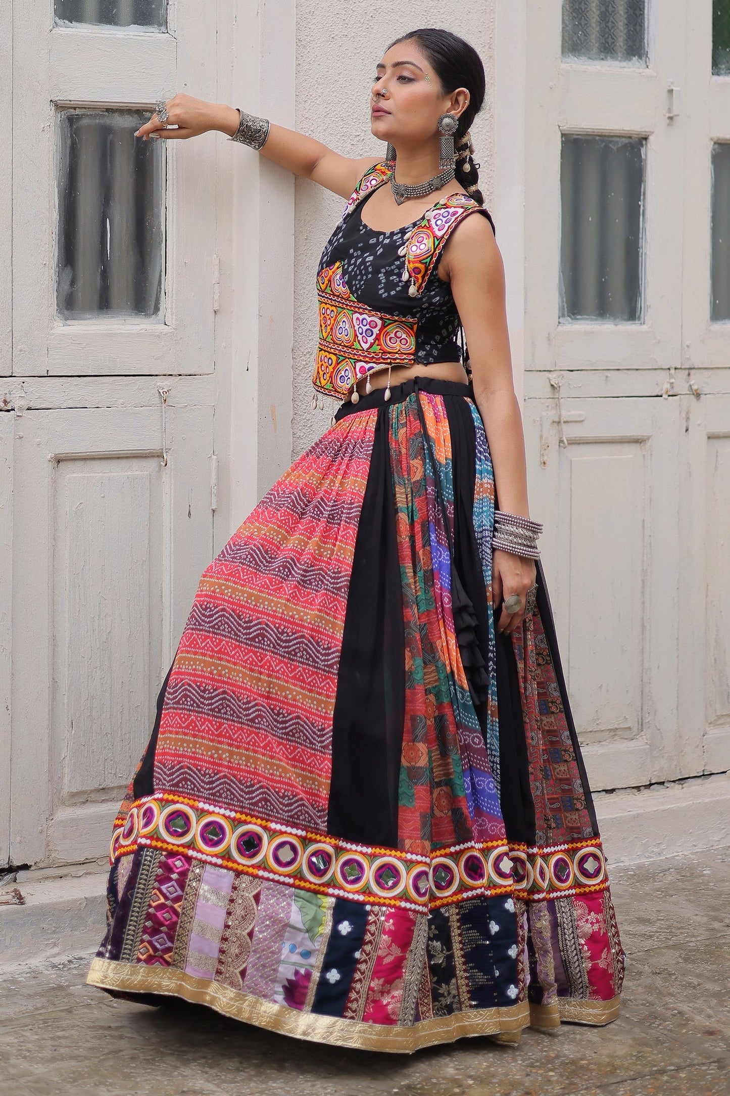 Multi Colored Georgette Kachchi Embroidered Chaniya Choli