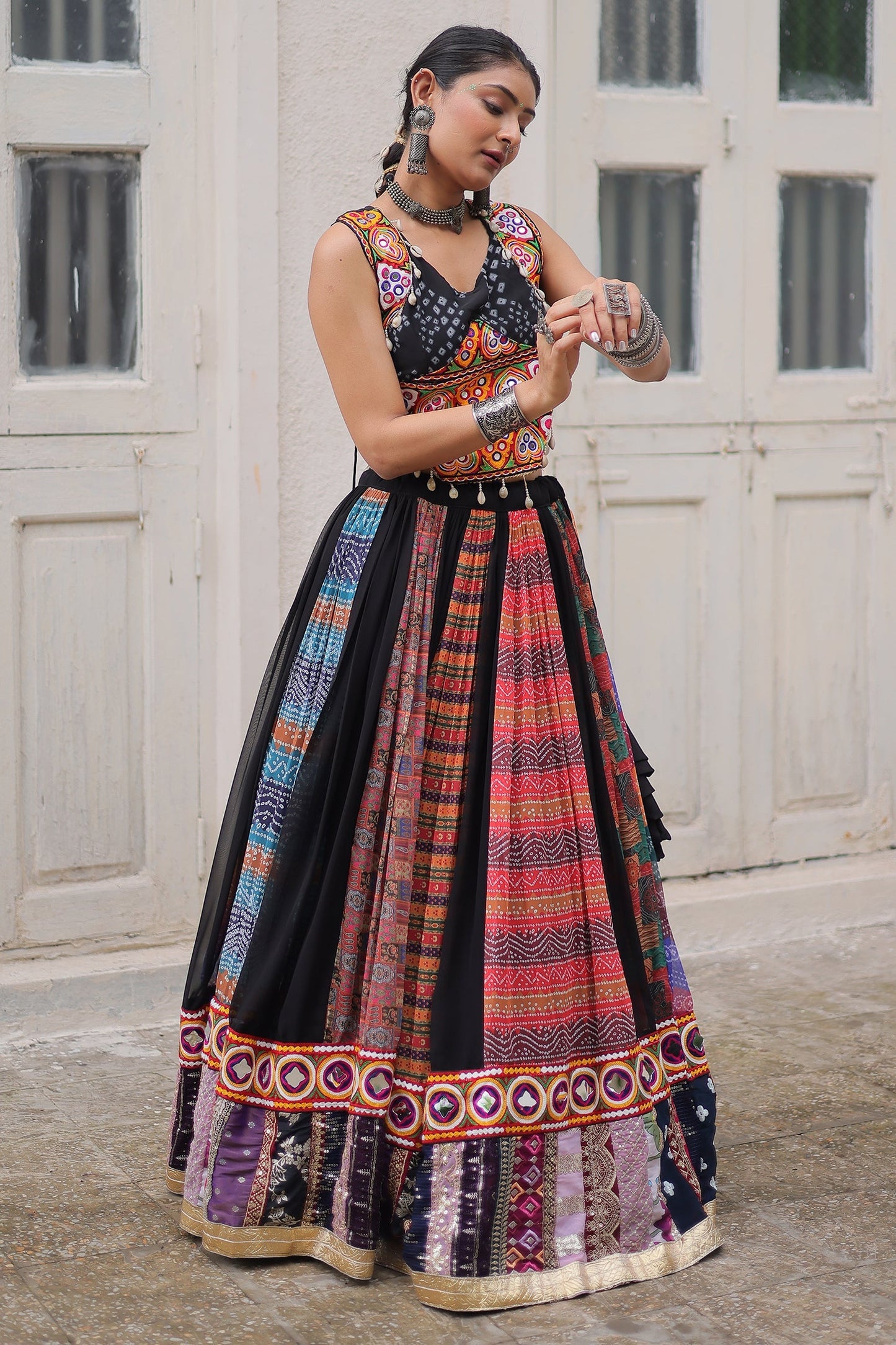 Multi Colored Georgette Kachchi Embroidered Chaniya Choli