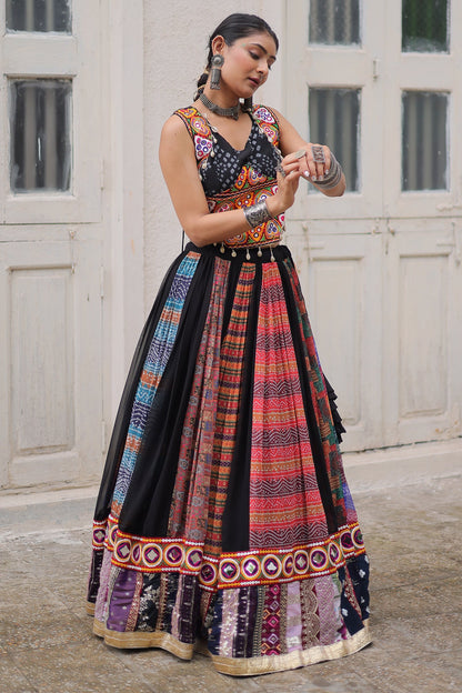Multi Colored Georgette Kachchi Embroidered Chaniya Choli