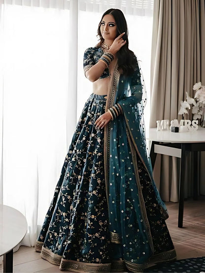 Odette Dark Green Velvet Embroidered Semi-Stitched lehenga For Women