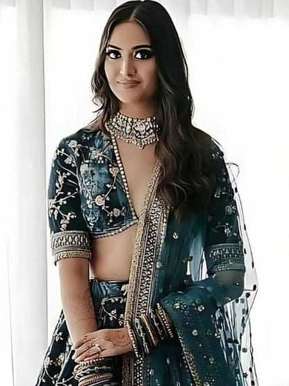 Odette Dark Green Velvet Embroidered Semi-Stitched lehenga For Women