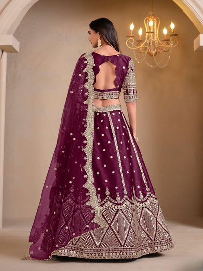 Odette Wine Art Silk Embroidered Semi-Stitched lehenga For Women