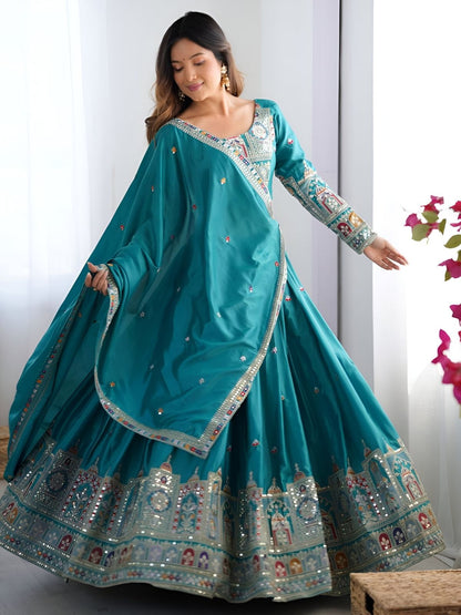 Odette Blue Silk Blend Embroidered Semi-Stitched lehenga For Women