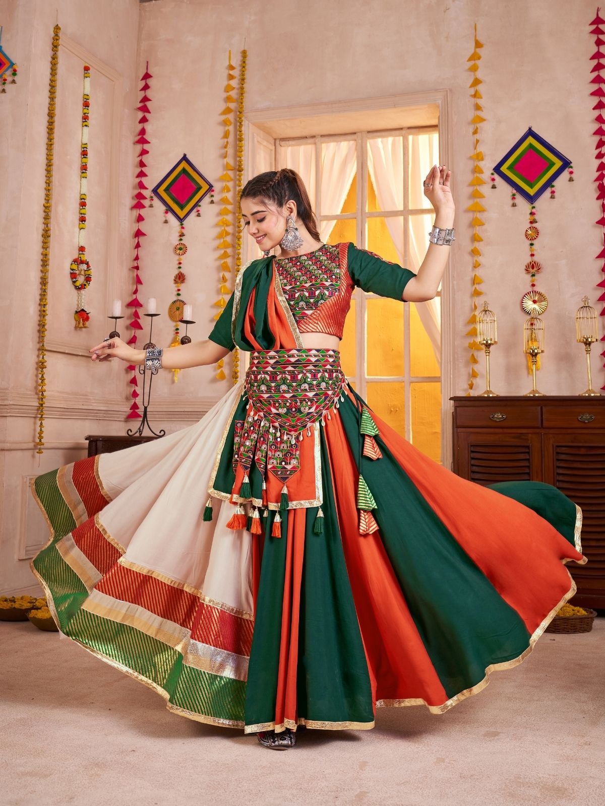 Odette Multicolor Cotton Blend Solid With Golden Border Semi-Stitched Lehenga For Women