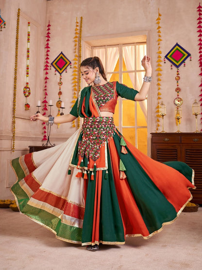 Odette Multicolor Cotton Blend Solid With Golden Border Semi-Stitched Lehenga For Women