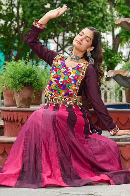 Purple Chinon Printed Lehenga with Kachchi Worked Choli