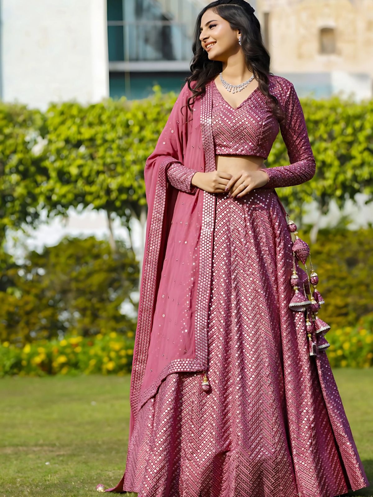 Odette Pink Georgette Embellished Semi-Stitched lehenga For Women