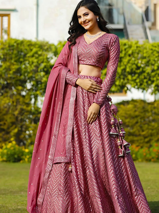 Odette Pink Georgette Embellished Semi-Stitched lehenga For Women