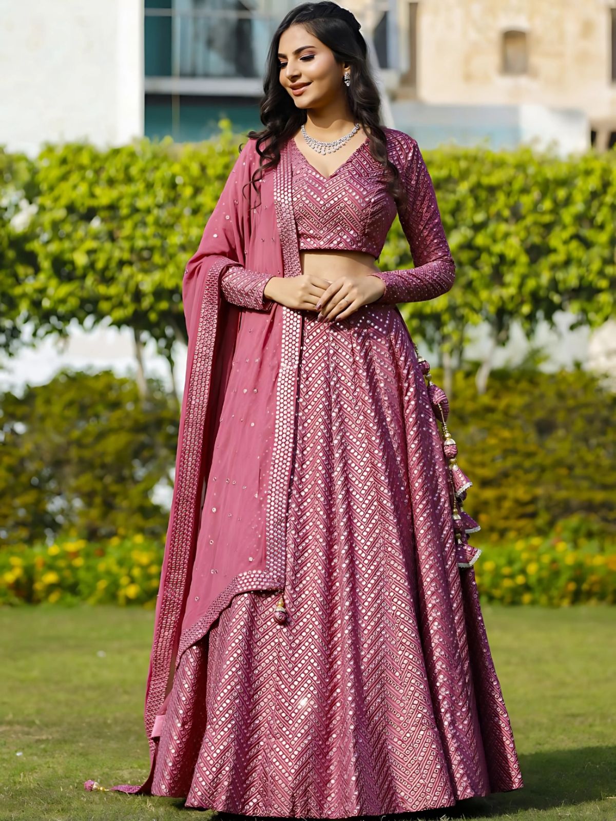 Odette Pink Georgette Embellished Semi-Stitched lehenga For Women