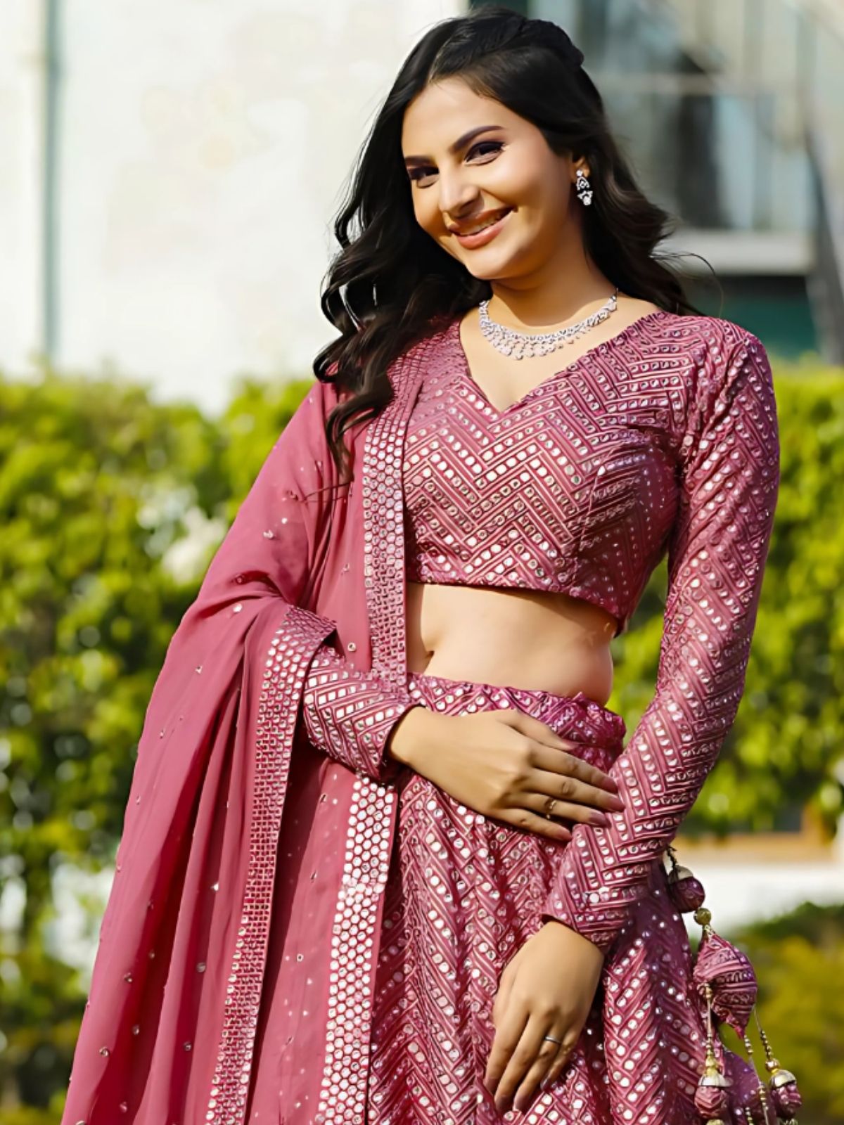 Odette Pink Georgette Embellished Semi-Stitched lehenga For Women
