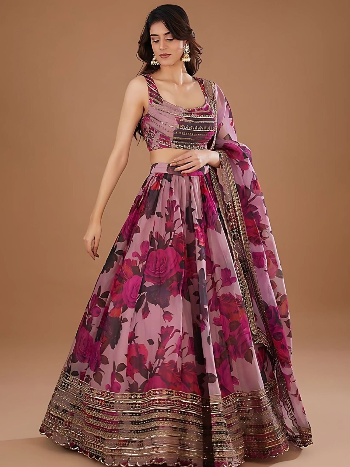 Odette Purple Organza Printed Semi-Stitched lehenga For Women