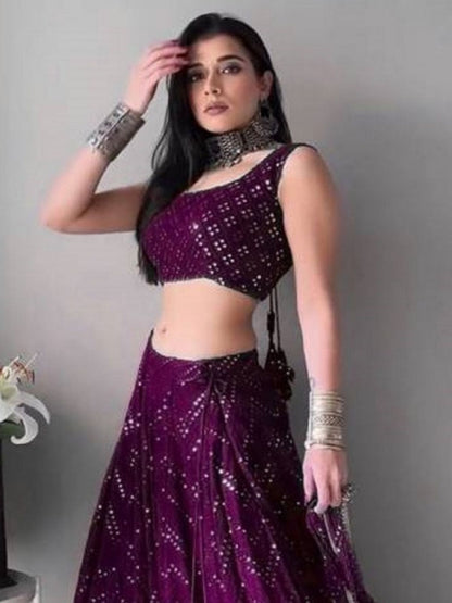 Odette Wine Georgette Embellished Semi-Stitched Lehenga For Women
