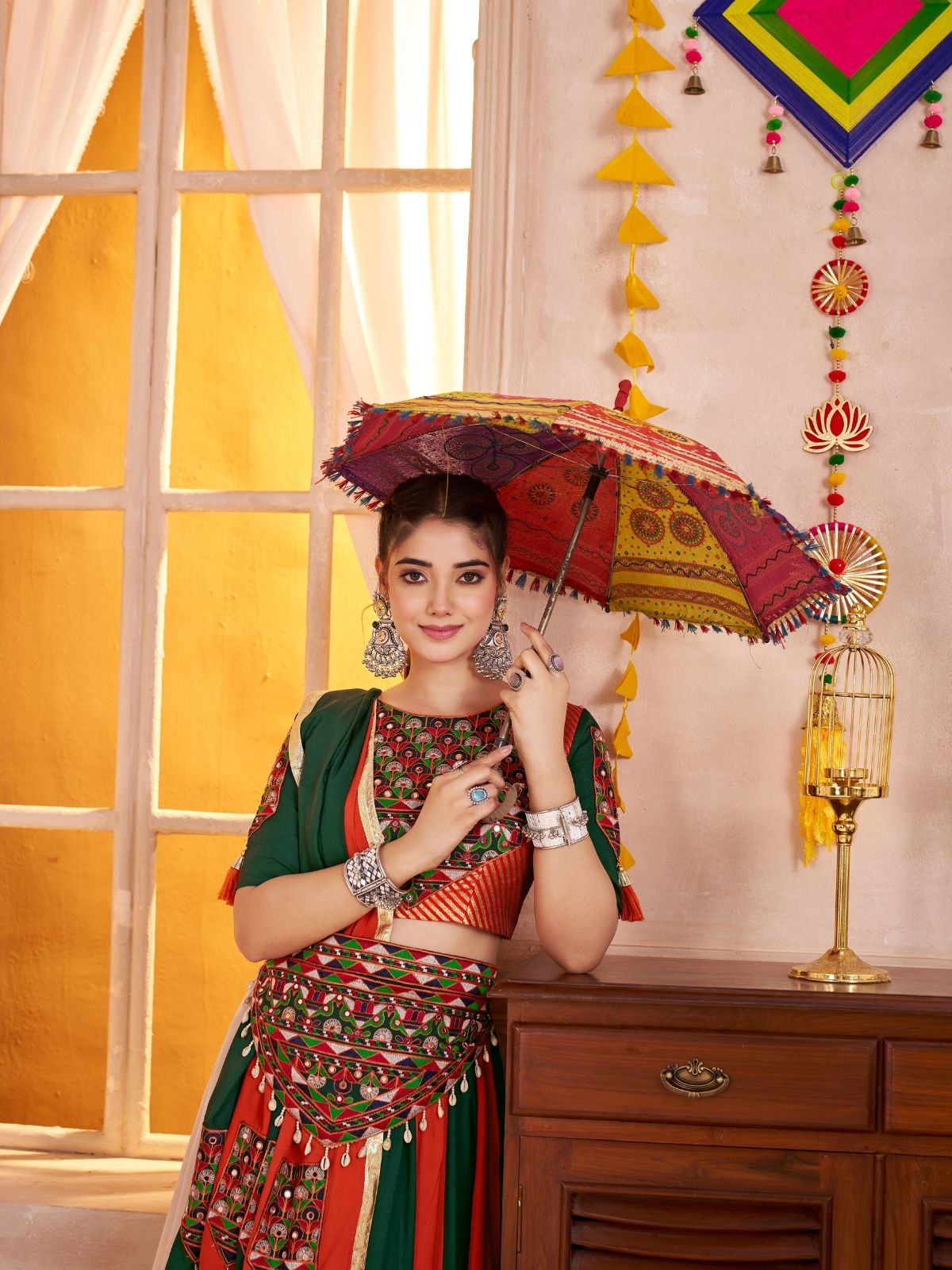 Odette Multicolor Cotton Blend Solid With Golden Border Semi-Stitched Lehenga For Women