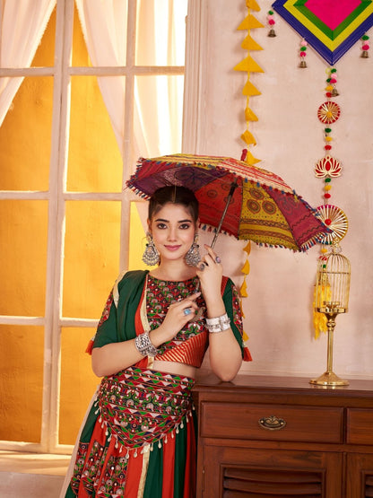 Odette Multicolor Cotton Blend Solid With Golden Border Semi-Stitched Lehenga For Women