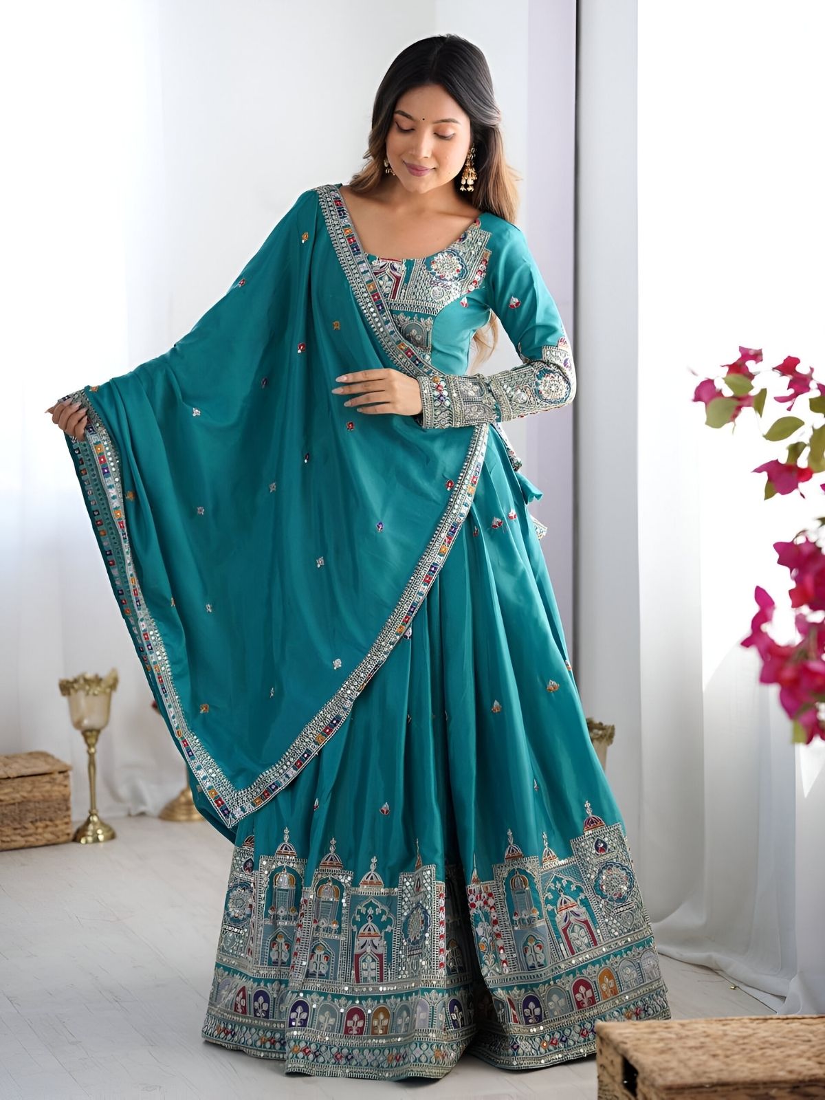 Odette Blue Silk Blend Embroidered Semi-Stitched lehenga For Women