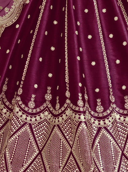 Odette Wine Art Silk Embroidered Semi-Stitched lehenga For Women