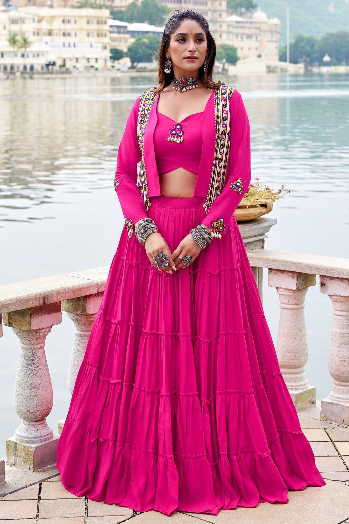 Pink Rayon Plain Chaniya Choli with Kachchi Work Jacket