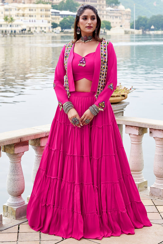 Pink Rayon Plain Chaniya Choli with Kachchi Work Jacket