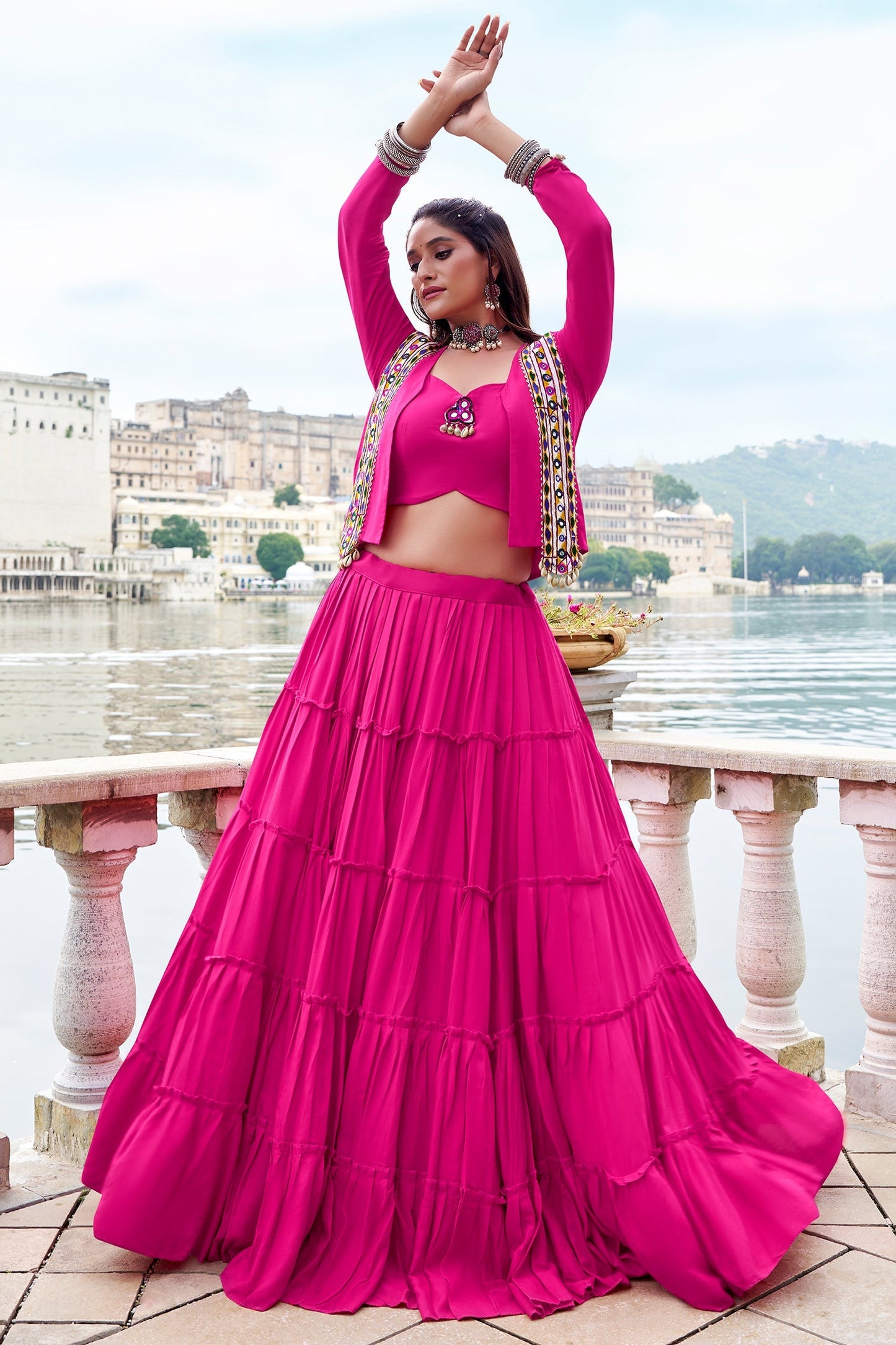 Pink Rayon Plain Chaniya Choli with Kachchi Work Jacket