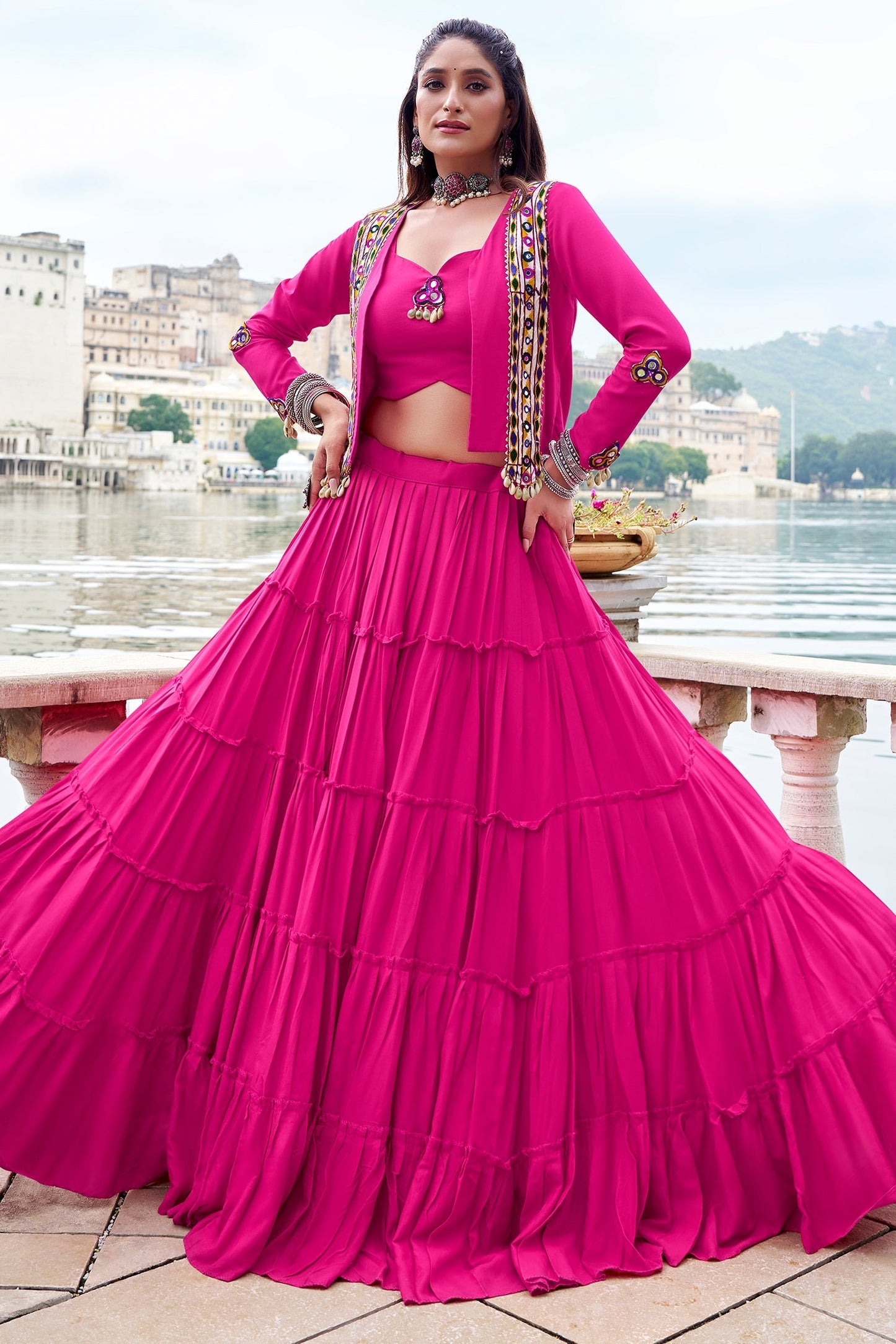 Pink Rayon Plain Chaniya Choli with Kachchi Work Jacket