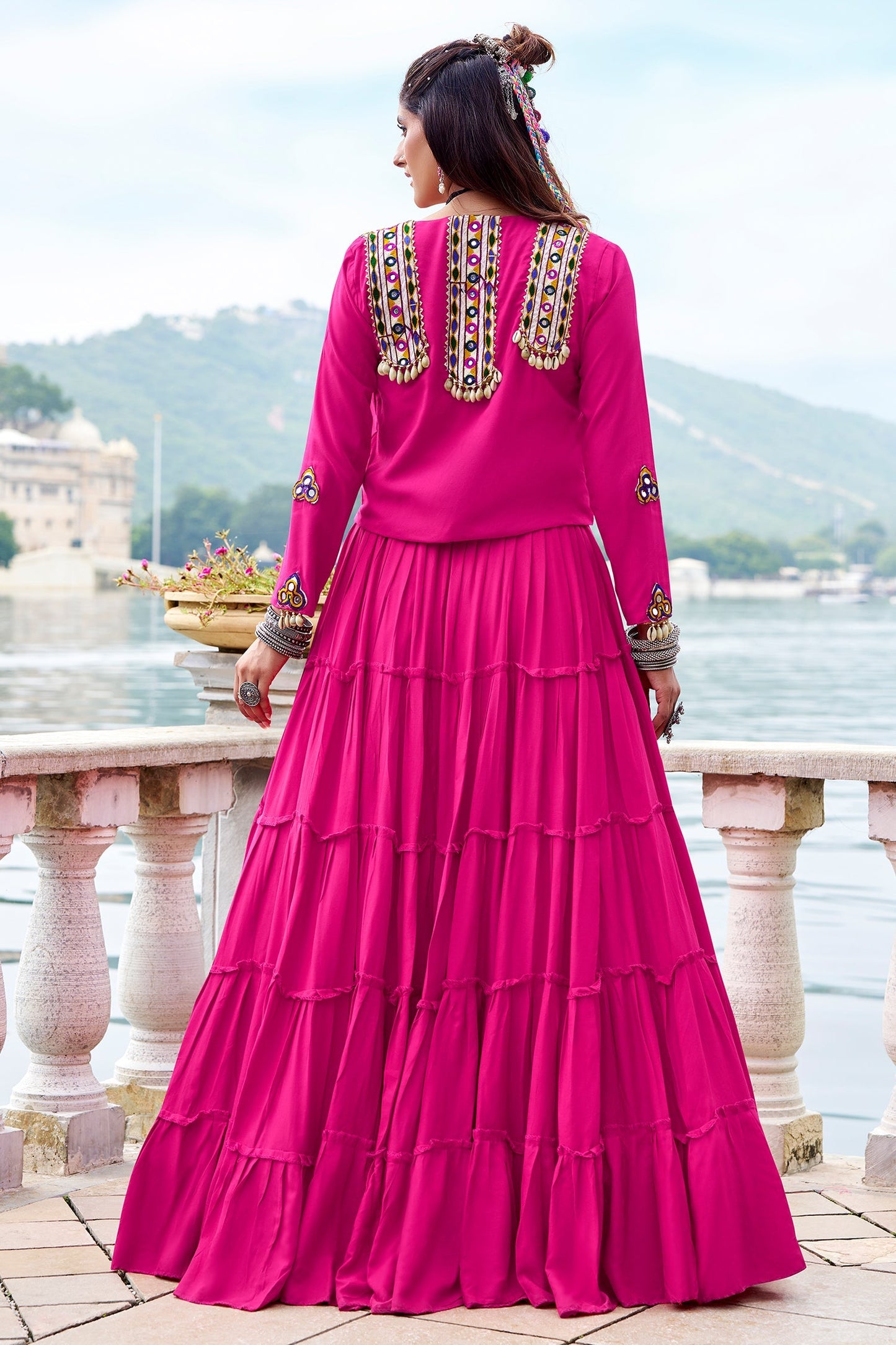 Pink Rayon Plain Chaniya Choli with Kachchi Work Jacket