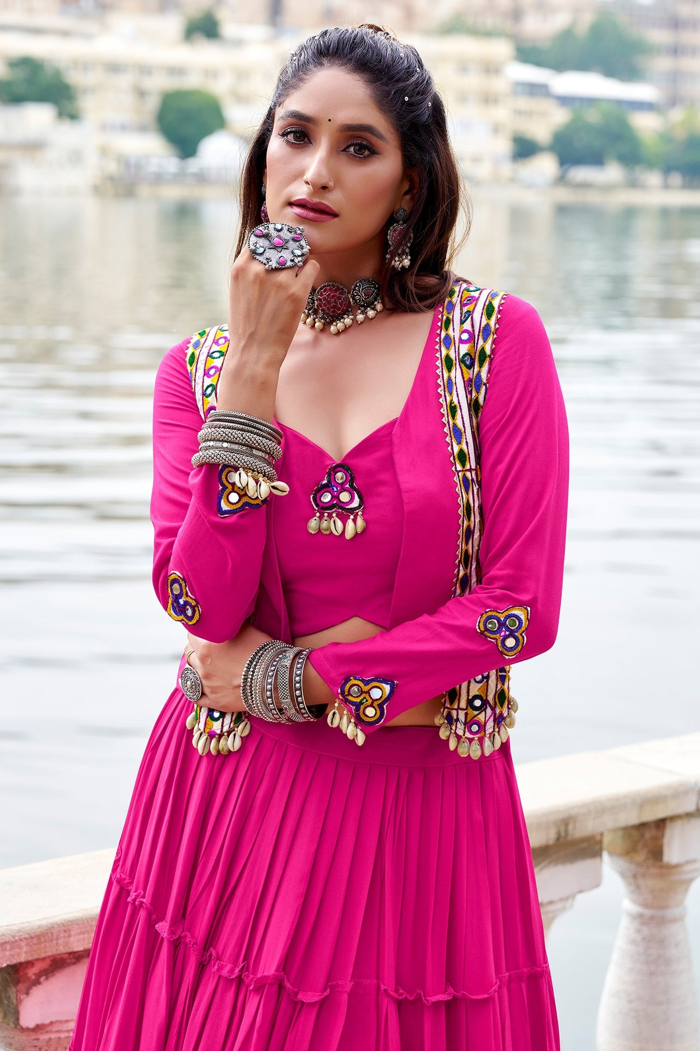 Pink Rayon Plain Chaniya Choli with Kachchi Work Jacket