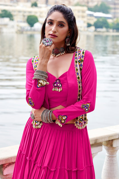 Pink Rayon Plain Chaniya Choli with Kachchi Work Jacket