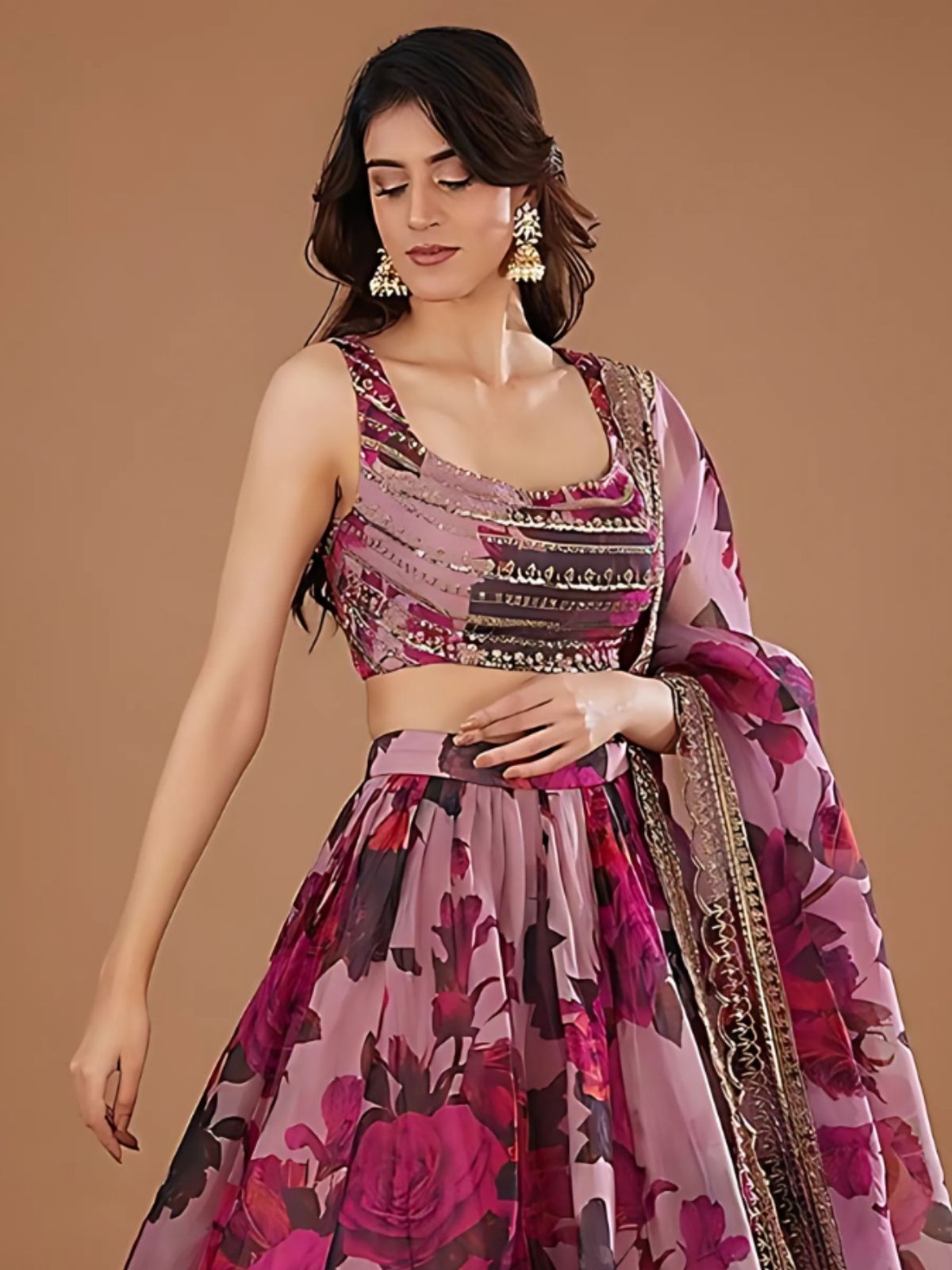 Odette Purple Organza Printed Semi-Stitched lehenga For Women