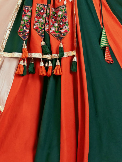 Odette Multicolor Cotton Blend Solid With Golden Border Semi-Stitched Lehenga For Women