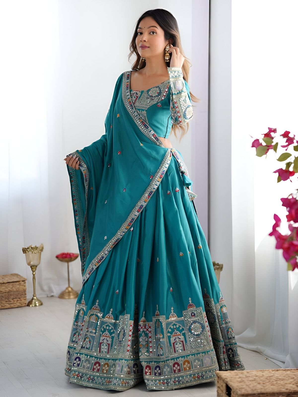 Odette Blue Silk Blend Embroidered Semi-Stitched lehenga For Women