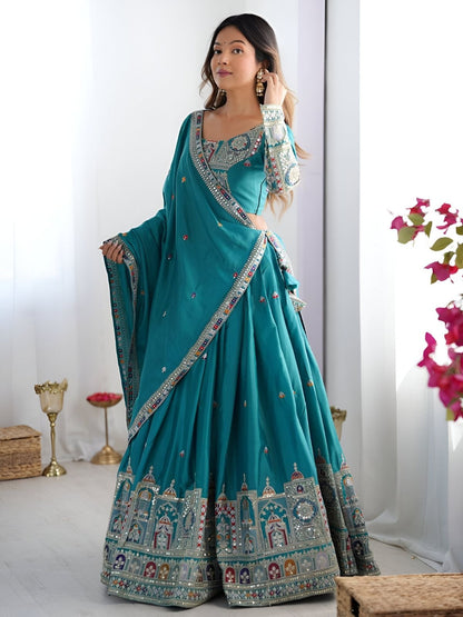Odette Blue Silk Blend Embroidered Semi-Stitched lehenga For Women