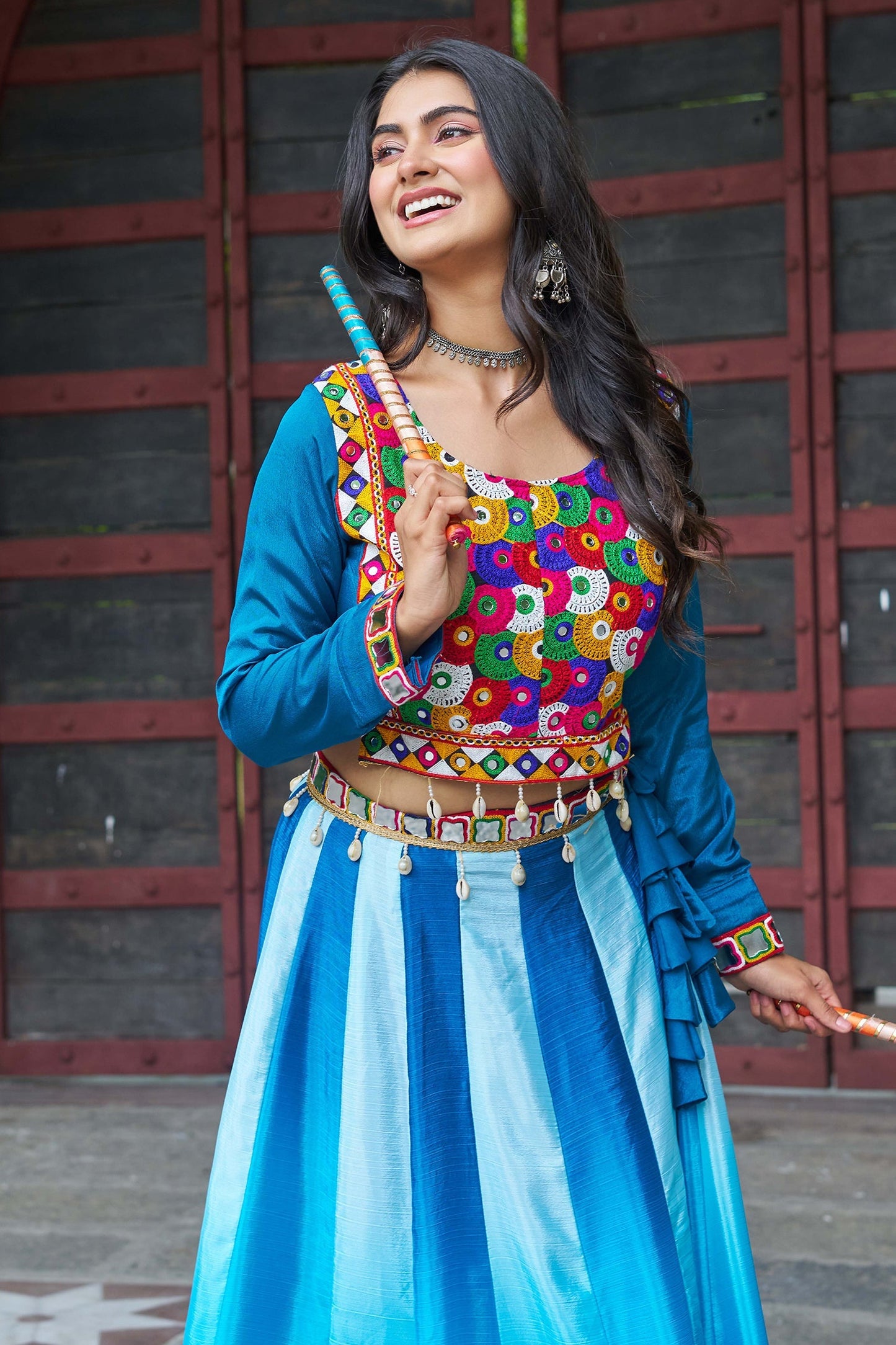 Blue Chinon Printed Lehenga with Kachchi Worked Choli