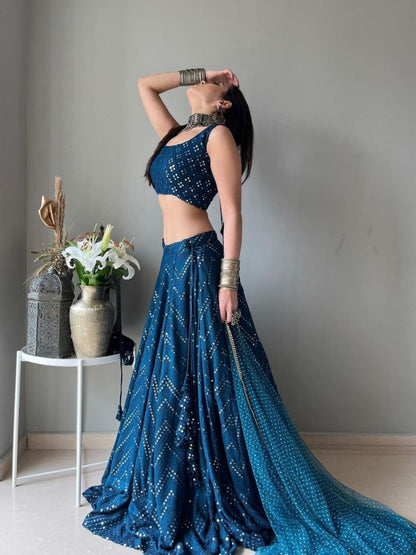 Odette Teal Blue Georgette Embellished Semi-Stitched Lehenga For Women