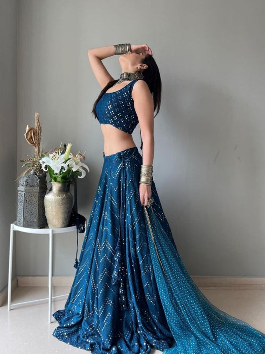 Odette Teal Blue Georgette Embellished Semi-Stitched Lehenga For Women