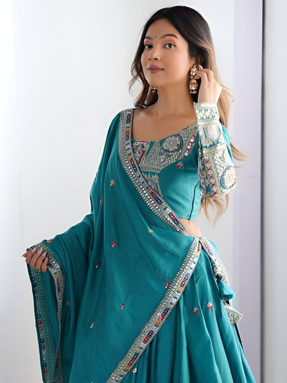 Odette Blue Silk Blend Embroidered Semi-Stitched lehenga For Women